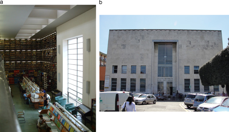(a) The reading hall and (b) the front façade of the library today. The triple ...