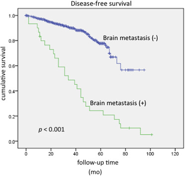 Mean disease-free survivals for patients with and without brain metastasis.
