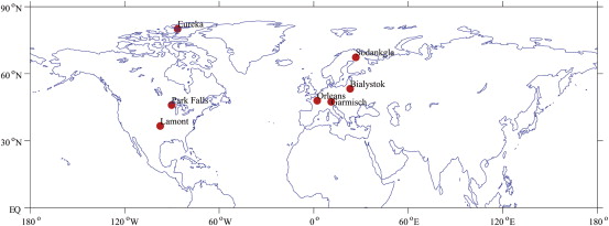 The locations of the seven TCCON stations used in this study.