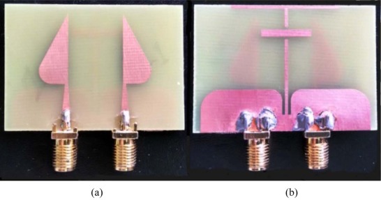 Photograph of proposed UWB MIMO/Diversity antenna system: (a) front view, (b) ...
