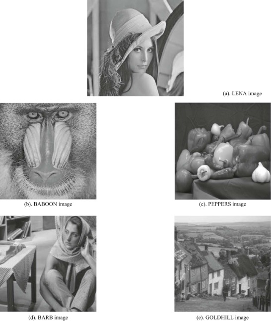 The five test images: (a) LENA, (b) BABOON, (c) PEPPERS, (d) BARB and (e) ...