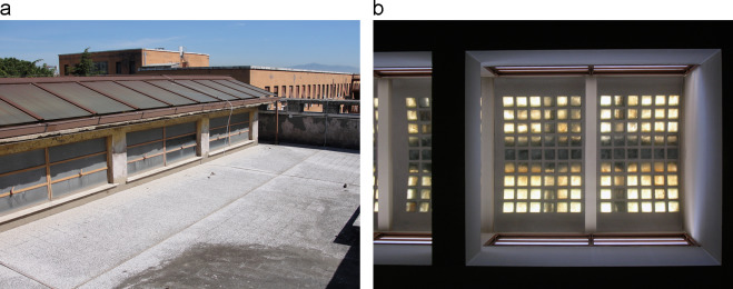 (a) Aerial view of the skylight with its metal and glass canopy and (b) view ...