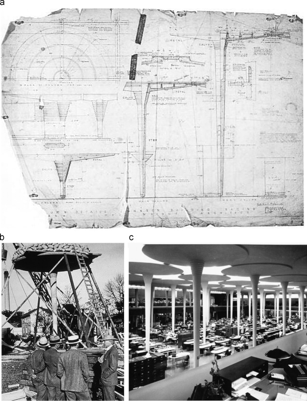 (a) Load testing on tubular mushroom column by F.L. Wright in 1938; (b) tubular ...