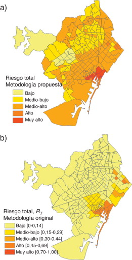 Niveles de riesgo total para Barcelona: a) metodología propuesta; b) metodología ...