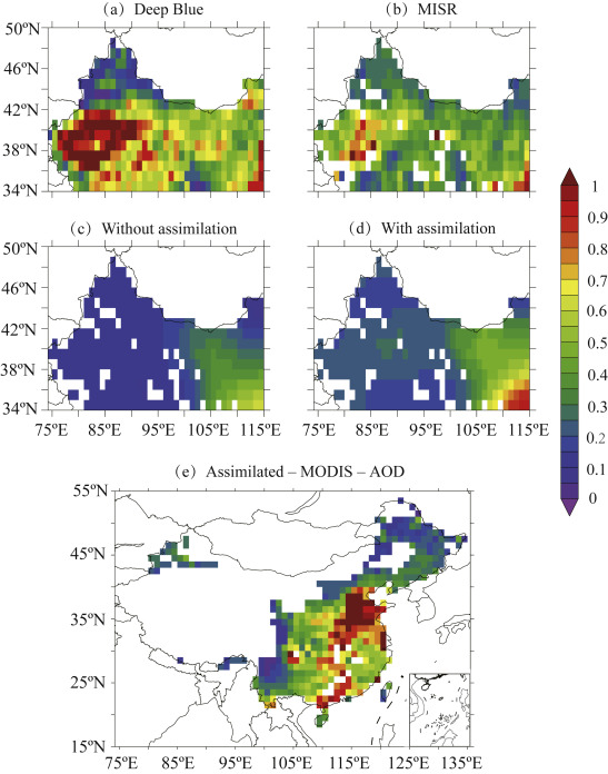 Spatial distributions of monthly co-located experiment and MODIS/MISR AOD over ...