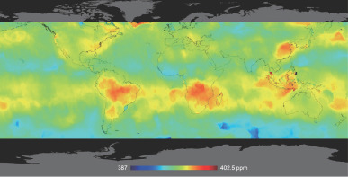 Average carbon dioxide concentration in October−November, 2014 (NASA OCO-2).