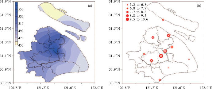Spatial distribution of annual CDD for a base temperature of 22°C (a, in °C d), ...