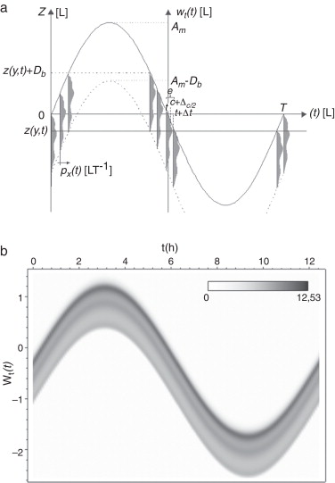 Modelo de onda senoidal de marea con periodo T=12,46h. a) Discretización ...