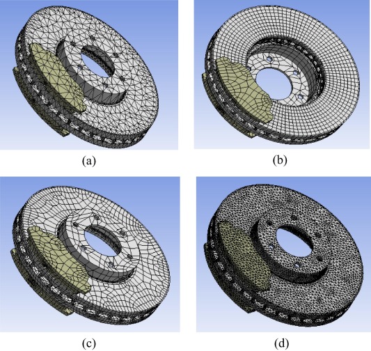 Different meshing of the disc, (a) volume mesh (39208 nodes, 20351 elements), ...