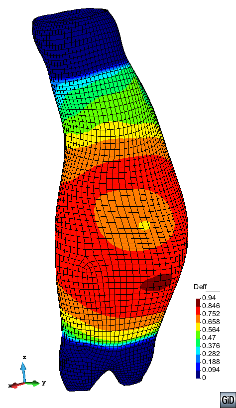 Effective damage distribution in an AAA considering the material properties given in Table 13 and subjected to a blood pressure  of 71.5mmHg (9.53kPa). Two different healing rate parameters k have been considered in addition to an irreversible stiffness  loss parameter ξ=0. The distal and proximal extents were excluded from damage and assigned a hyperelastic material behaviour.   Real deformation (×1) is plotted.