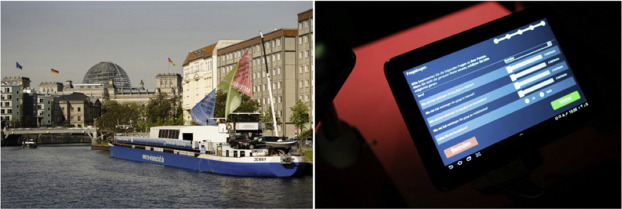 Left picture shows the public exhibition boat called ‘MS-Wissenschaft’ ...