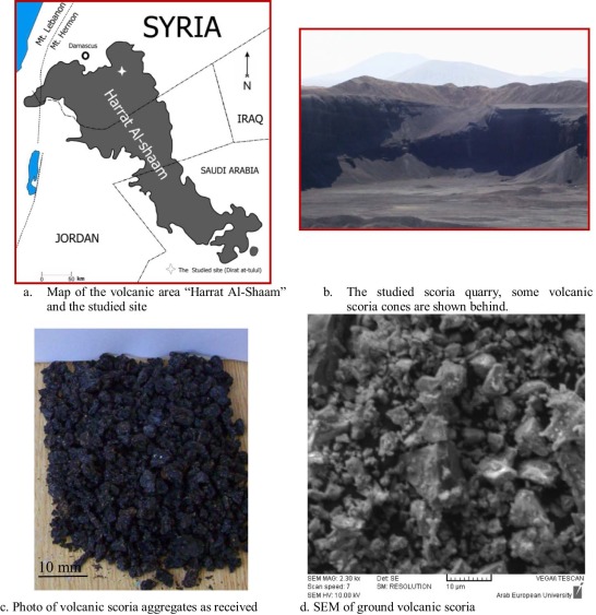 Map of Harrat Al-Shaam, photos of the studied site, the used volcanic scoria ...
