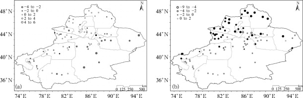 Spatial distribution of trends in high-temperature days (a), and low-temperature ...