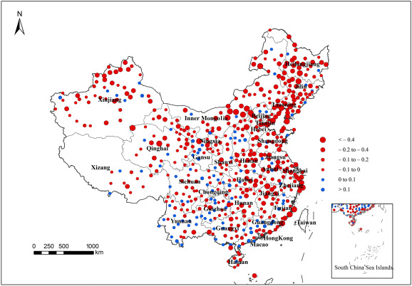 Distribution of wind speed trend in China (1961–2012) (unit: m s−1 per decade).