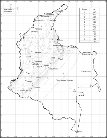 Zonificación sísmica para el coeficiente de diseño SS. Datos extraídos de [1].