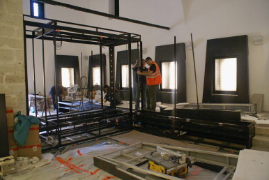 View of the construction process of display cases.