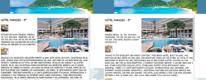 Ejemplo de la página web de uno de los hoteles en ambos idiomas, versión V2.
