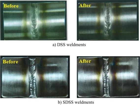 Typical specimen before and after ASTM G48 test: (a) DSS weldments; (b) SDSS ...