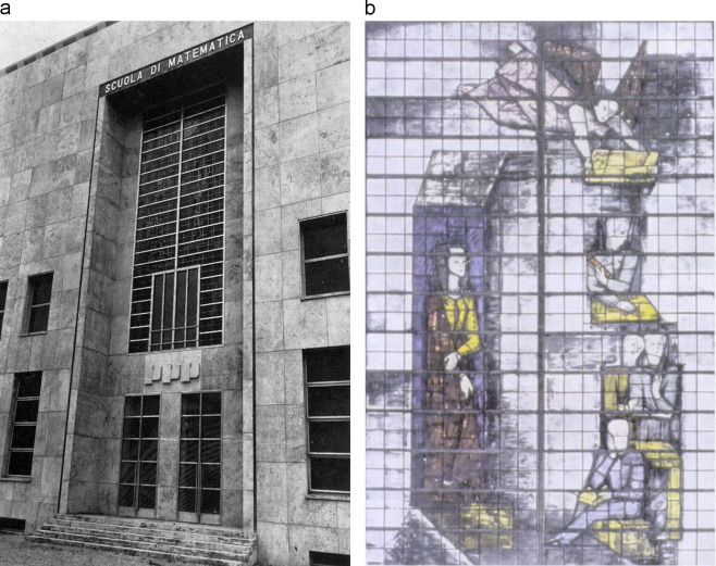 (a) The huge decorated glass window at the center of the front façade and (b) ...
