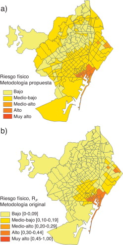Niveles de riesgo físico para Barcelona: a) metodología propuesta; b) ...