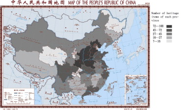 Map showing the number of Chinas heritage items by province.