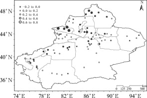 Spatial distribution of trends in annual rainy days in Xinjiang during 1961–2010 ...