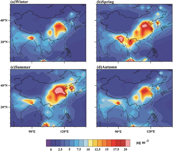 Distribution of simulated PM2.5 (including only anthropogenic aerosols).
