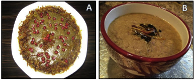 Two types of traditional rice-based soups and pottages. (A) Pomegranate pottage. ...