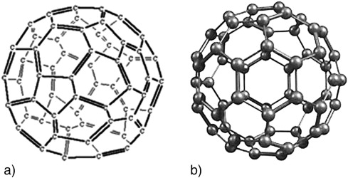Structure of the fullerene molecule C60: a) structural chemical formula; b) the ...