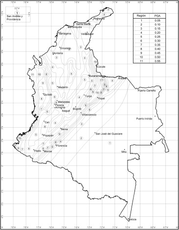 Zonificación sísmica para el coeficiente de diseño PGA. Datos extraídos de [1].