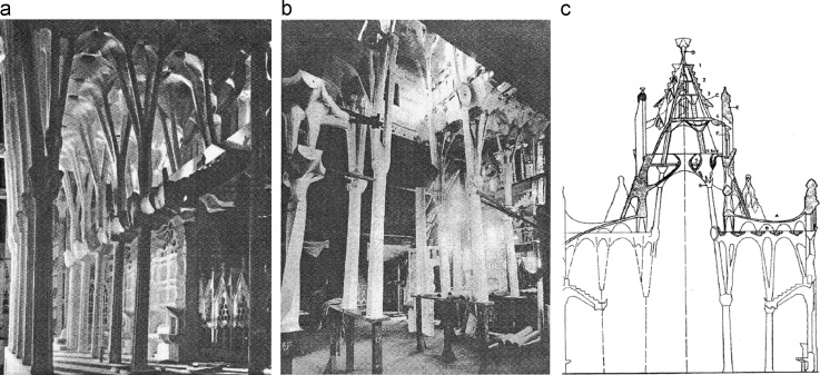 (a) View of the interior of a plaster model of interior of the Sagrada Familia. ...