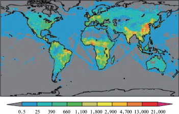 Global distribution of BC aerosol emission strength (unit: t per year) [Bond et ...