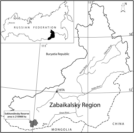 Schematic map of the location of the Sokhondinsky Biosphere Reserve.