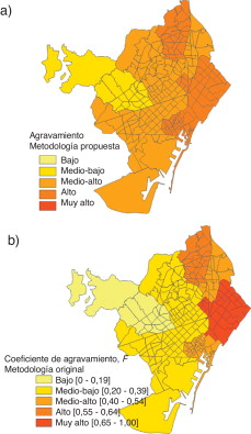 Nivel de agravamiento calculado para los distritos de Barcelona: a) metodología ...