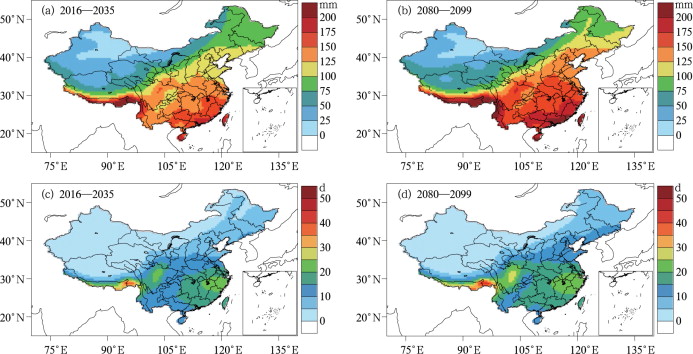 Distribution of annual meanRx5day(a, b) andR20mm(c, d) over China under RCP8.5 ...