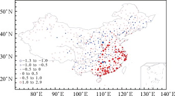 Spatial distribution of linear trends in haze days (unit: d per year) during the ...