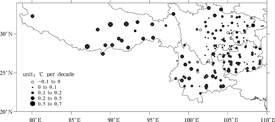 Spatial distribution of linear trends in annual mean temperature in Southwest ...
