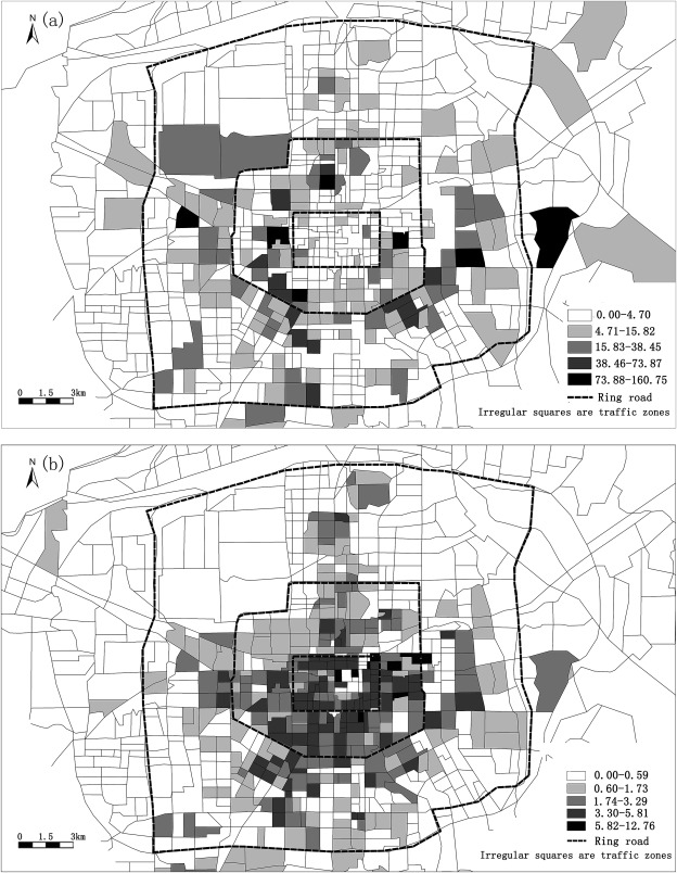 (a) Zone-level total commuting CO2 emissions in Xi'an (unit: 103 kg per week), ...