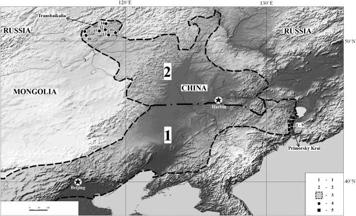 Possible borders of the ranges of M. psilurus (1) and M. epsilanus (2) and the ...