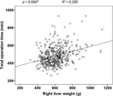 Operation time plotted against right liver weight as measured on the back table.