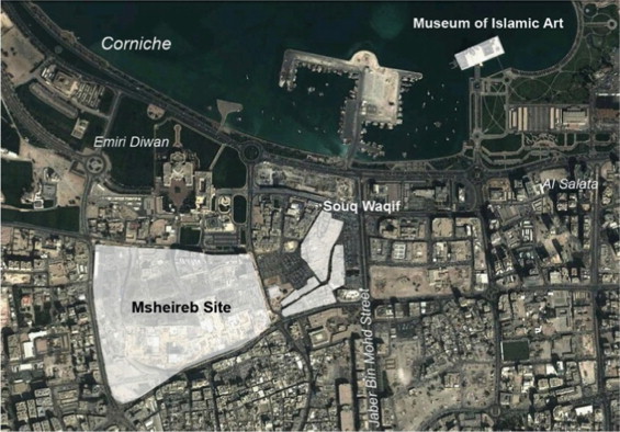 The old center of Doha illustrating the sites of the examined three urban ...