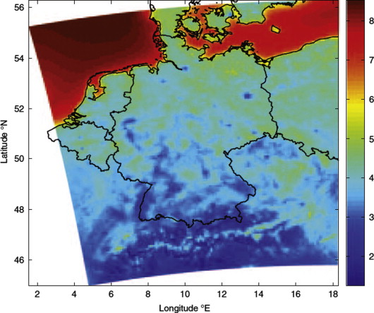 Twenty-five-year mean modeled wind at 10m height over the entire domain REMO ...