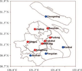 Study area and locations of the meteorological stations (red: urban station; ...