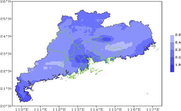 Spatial distribution of the mean duration of precipitation event over Guangdong ...
