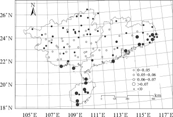 Spatial distribution of linear trends in the annual rain intensity in South ...
