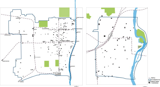 Distributions of the condominiums in C.D. Okayama (right), and those in C.D. ...