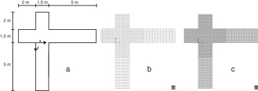 a) Geometría en planta de la instalación del cruce de calles. b) Malla empleada ...