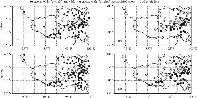 Spatial distribution of stations with “at-risk” snowfall (a, c, solid circle) ...