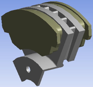 Simulation model of a ventilated disc brake and pads.