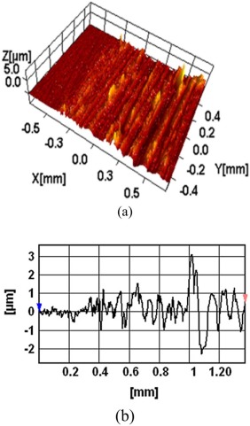 (a) 3D and (b) 2D optical profile of substrate after the friction test.